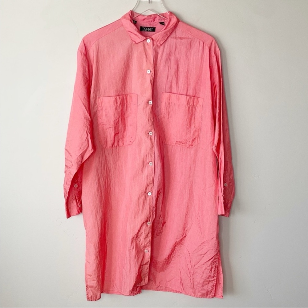 Vintage 80s 90s Esprit Nylon Parachute Shirt Dress Oversized Size S Coral